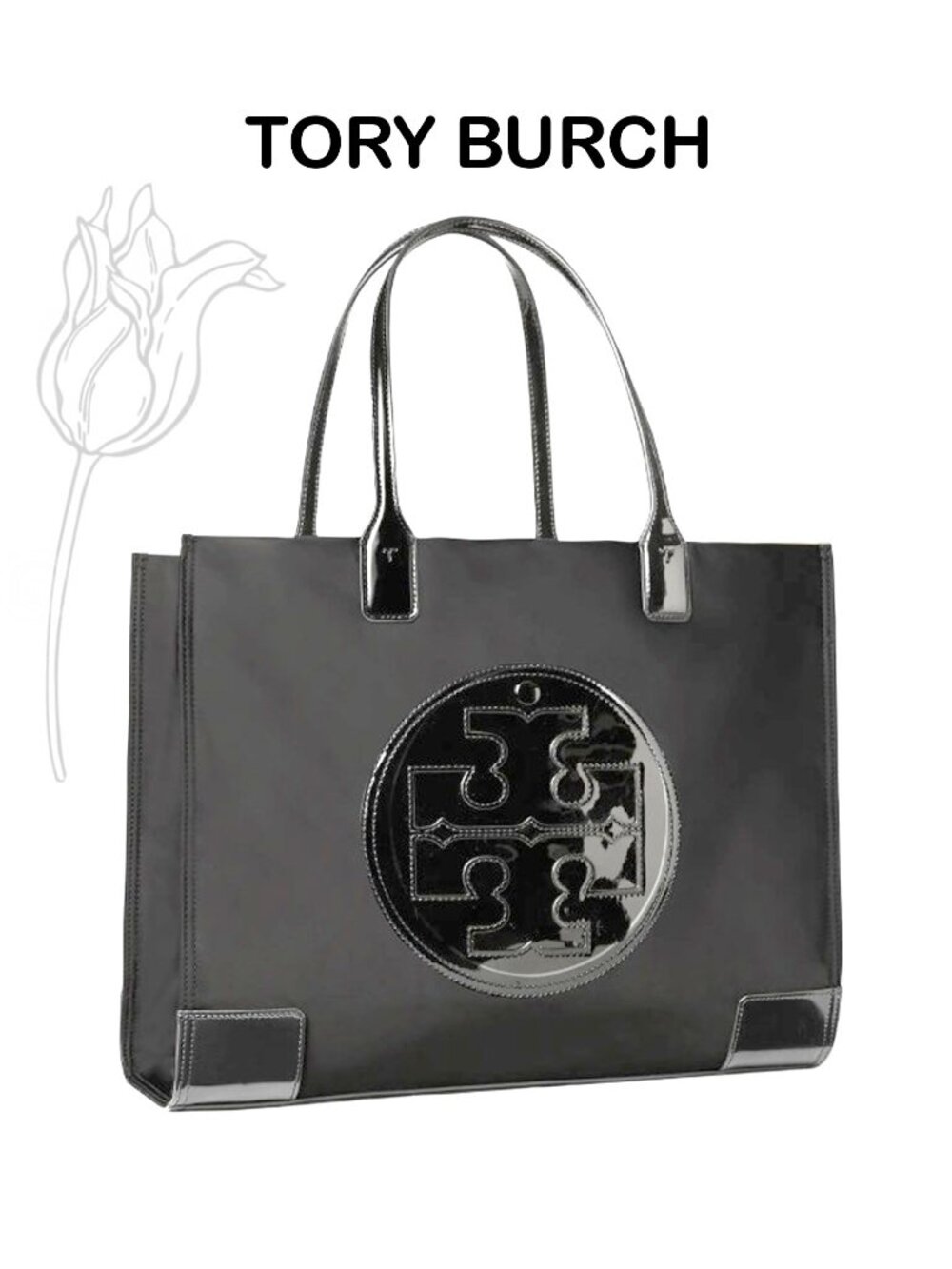 Tory Burch MINI ELLA Nylon/Patent Logo Tote Bag Black